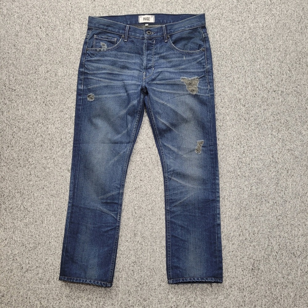 PAIGE Federal Slim Straight Distressed Dark Wash Mens Jeans Organic Cotton 33x29